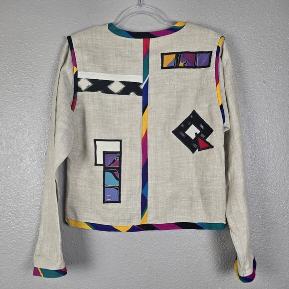 Lynn Murray Vintage Linen Geometric Blaser Jacket with Shoulder Pads - Picture 2 of 8